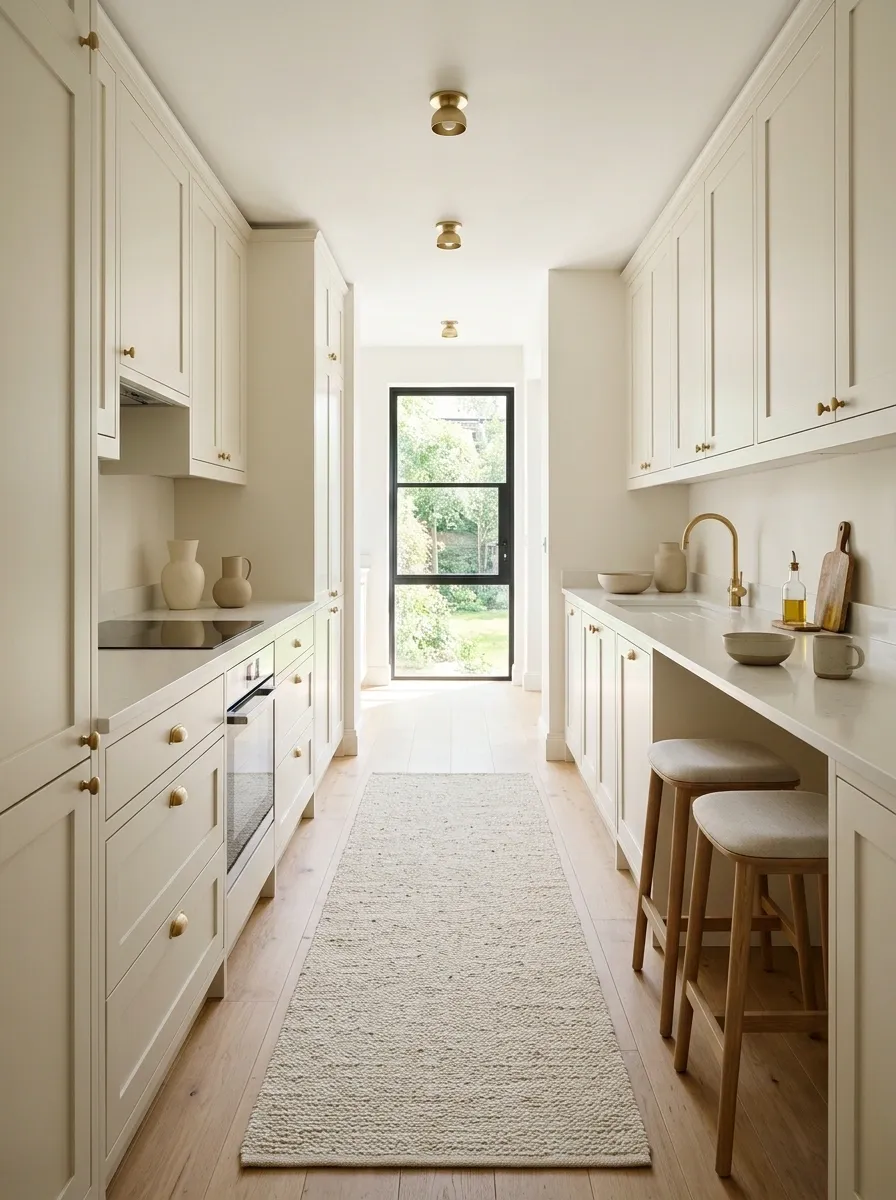 Bright Galley Kitchen With Continuous Light Tones