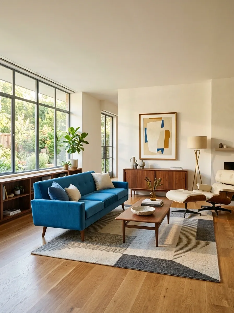 Bright Mid-Century Living Room With a Streamlined Blue Sofa
