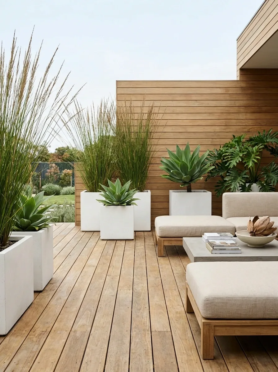 Bright Modern Deck With White Containers and Architectural Greenery