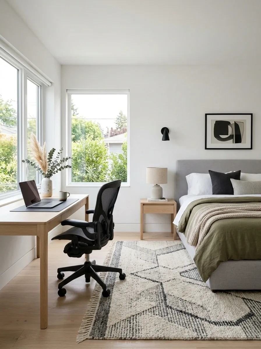 Bright Modern Guest Room With a Desk Under the Window