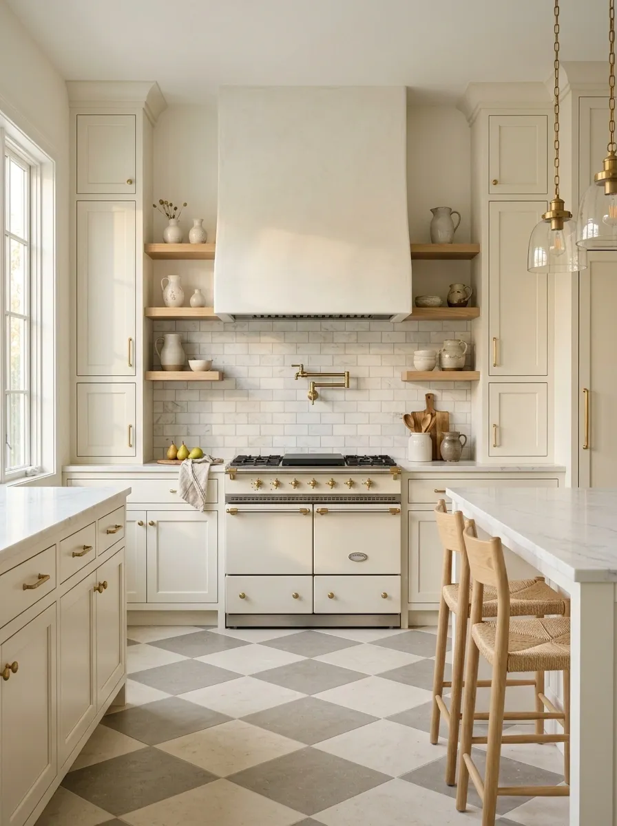 Bright Traditional Kitchen With Checkerboard Stone Floor