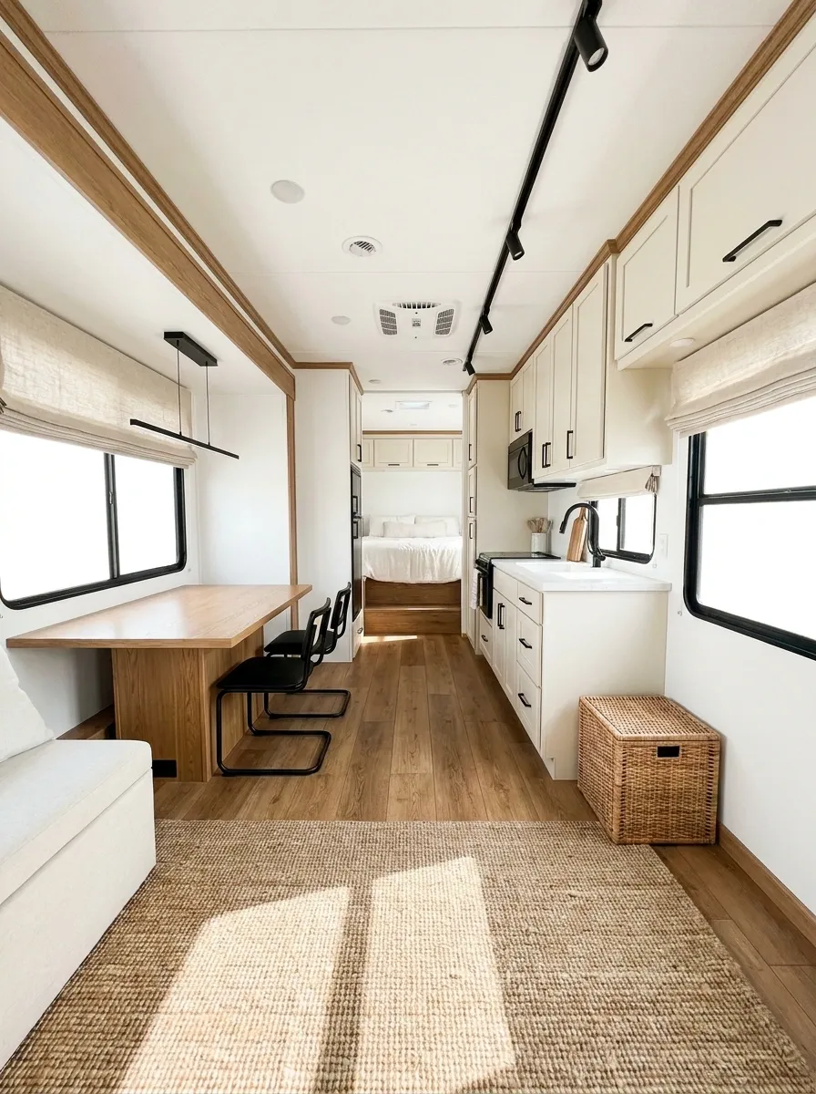 Bright White RV With One Strong Wood Tone