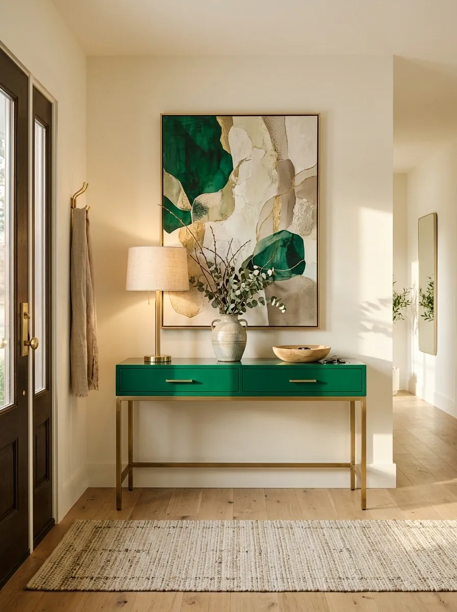 Bring Emerald Into a Neutral Entryway With a Console and Art
