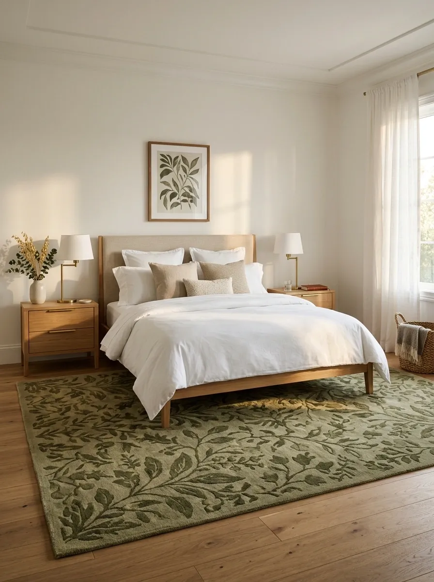 Bring Green Into a Neutral Bedroom Through One Large Rug