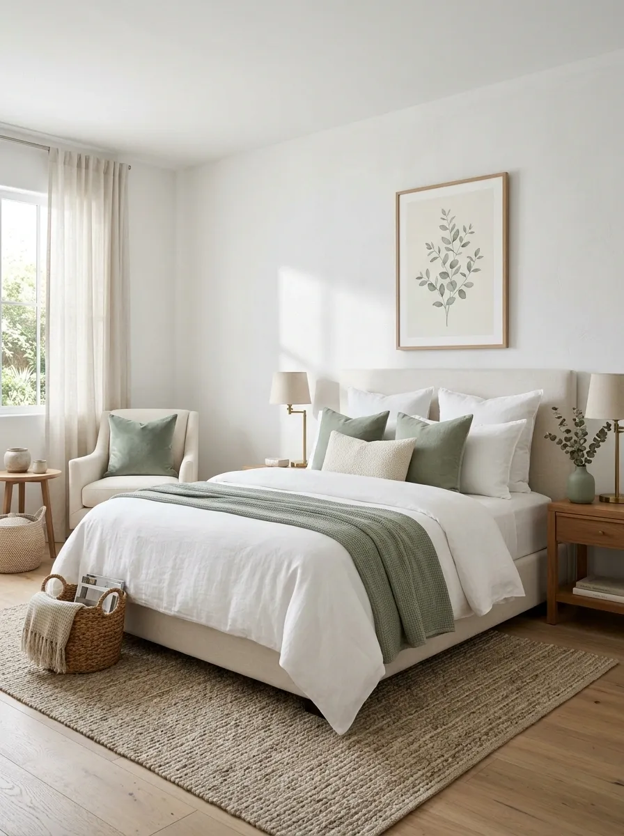 Bring Sage Into a White Bedroom With Smaller Repeating Accents
