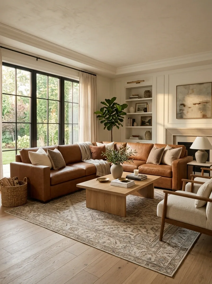Brown Sectional Living Room With a Large Patterned Rug