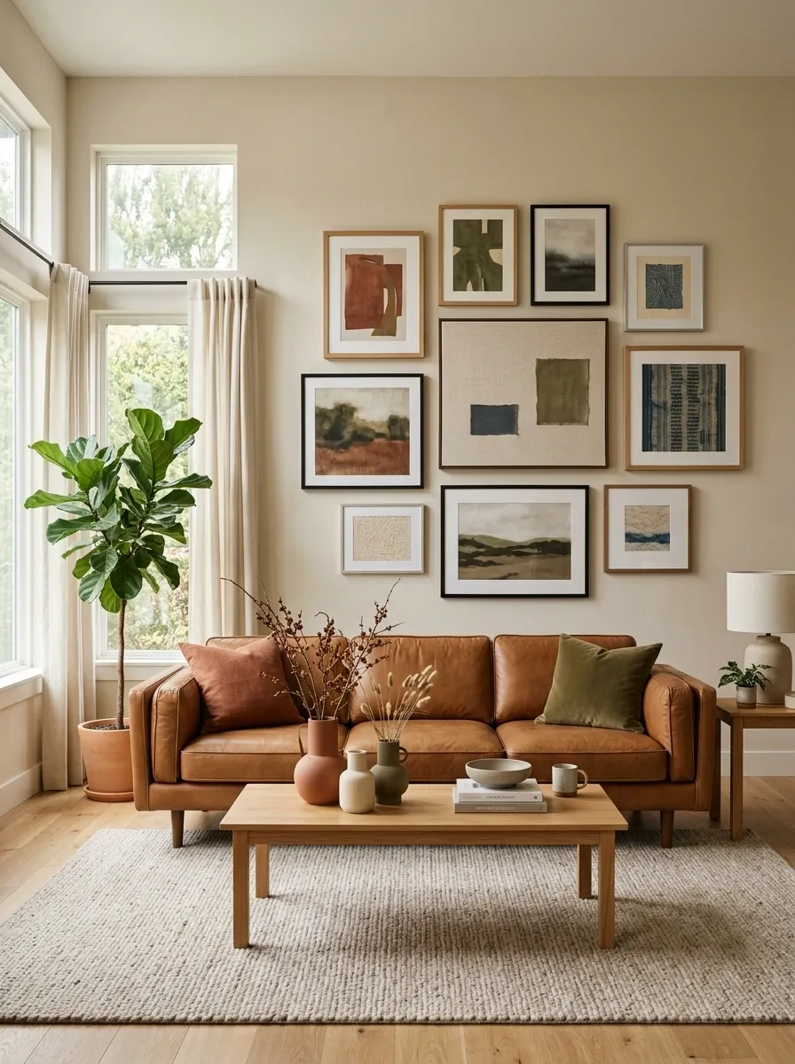 Brown Sofa Living Room With a Gallery-Style Art Wall