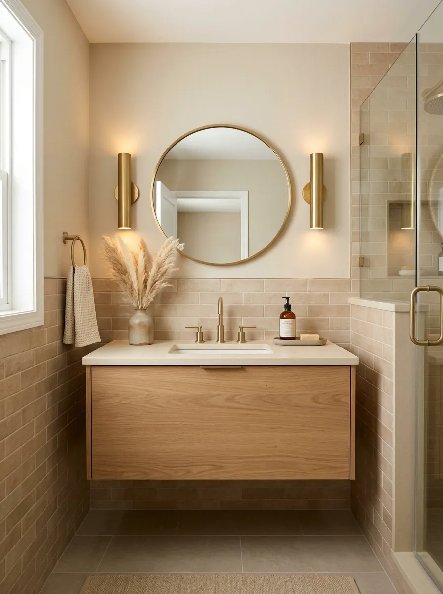 Budget-Conscious Beige Bathroom With an Updated Existing Layout
