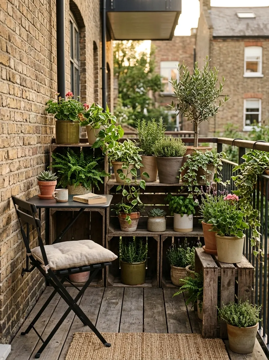 Budget-Friendly Balcony Garden Built Around Crates and Repurposed Containers