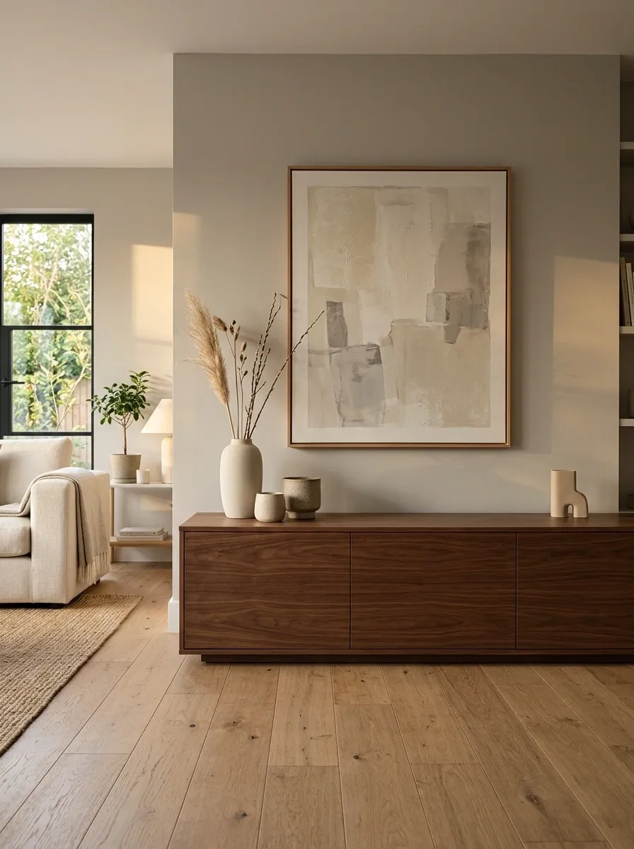 Budget Media Cabinet With Dark Walnut Tones and Stone-Look Styling