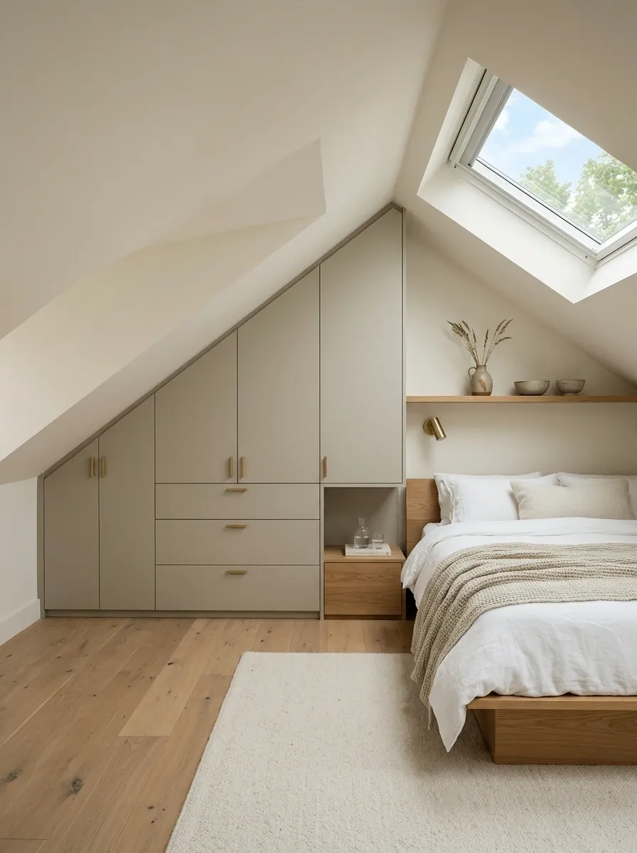 Built-In Attic Bedroom With Custom Storage Under the Eaves