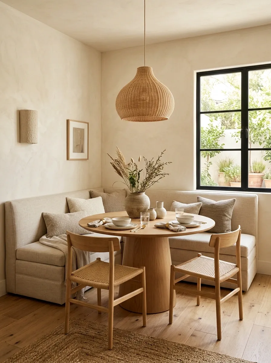 Built-In Banquette Dining Nook With Round Oak Table