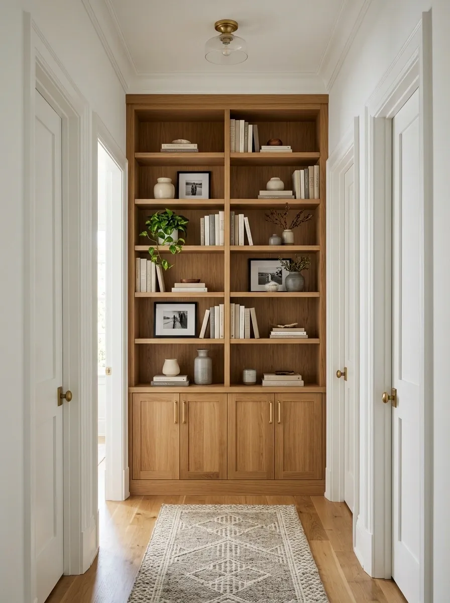Built-In Bookcase Nook Framed by Two White Doorways