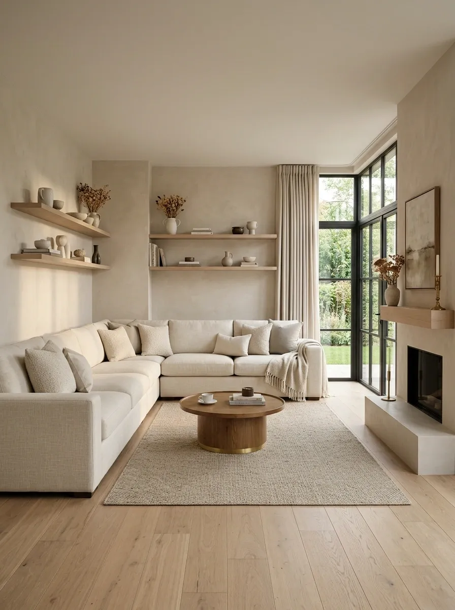 Built-In Corner Sectional Around a Compact Fireplace