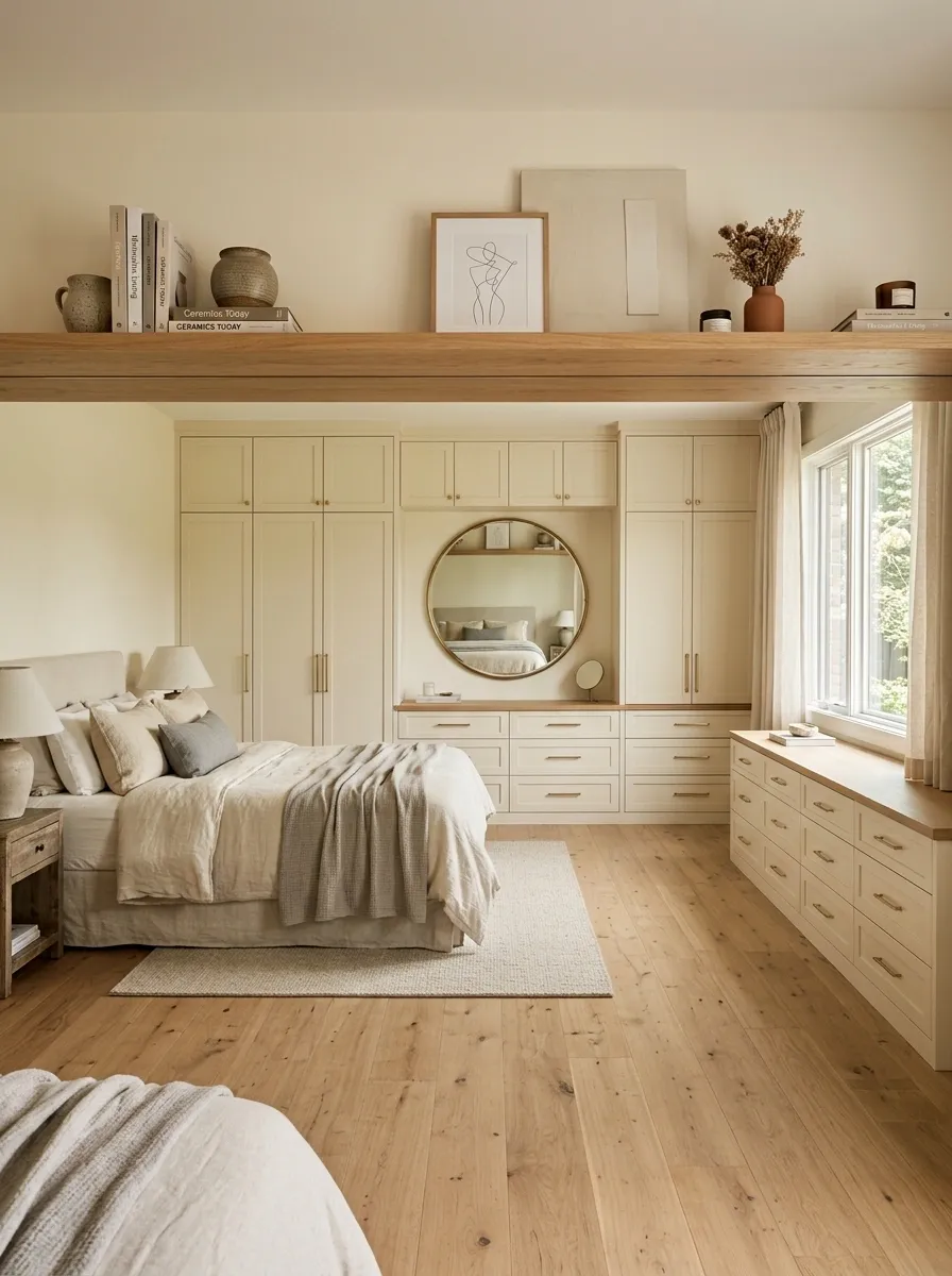 Built-In Dresser Wall With a Continuous Oak Shelf