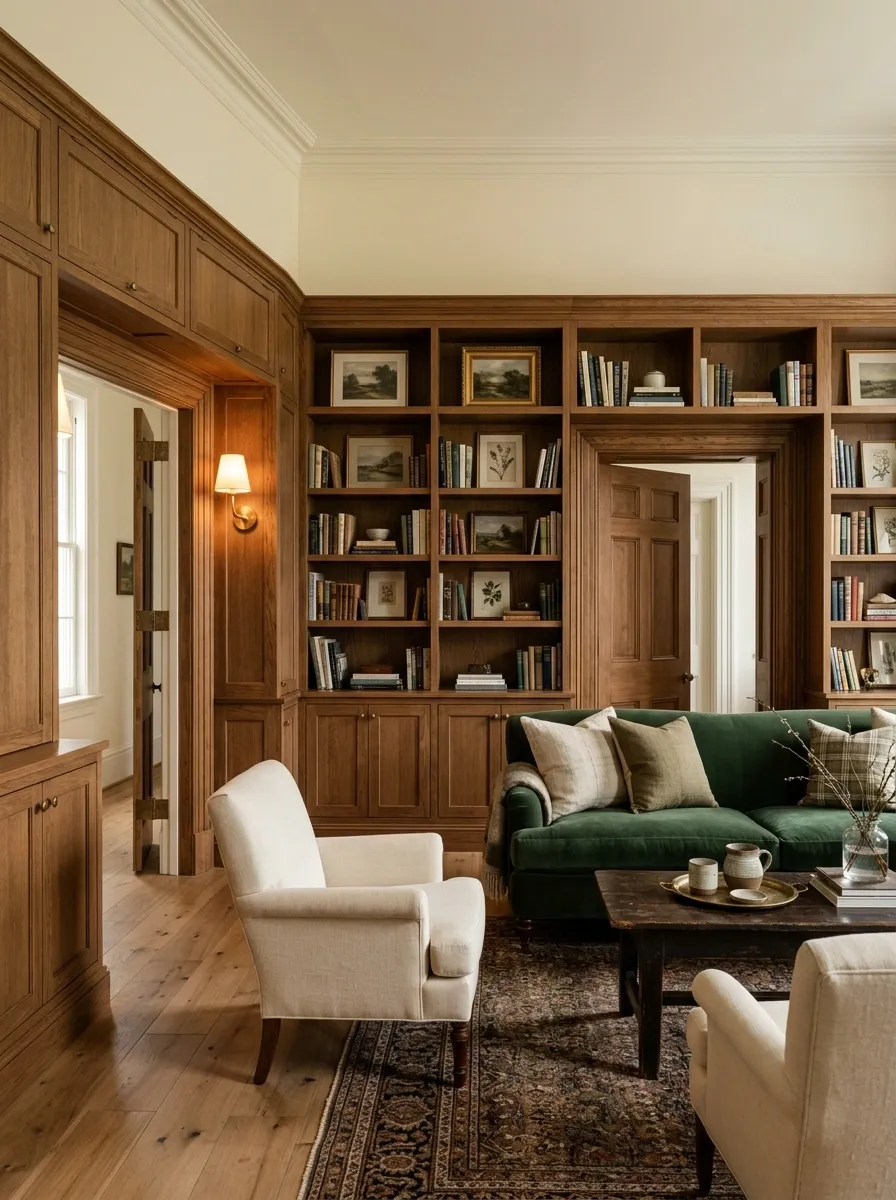 Built-In Library Living Room Around Multiple Doorways