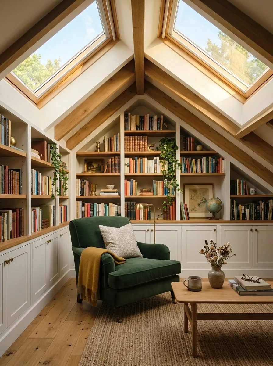 Built-In Library Under a Sloped Attic Ceiling