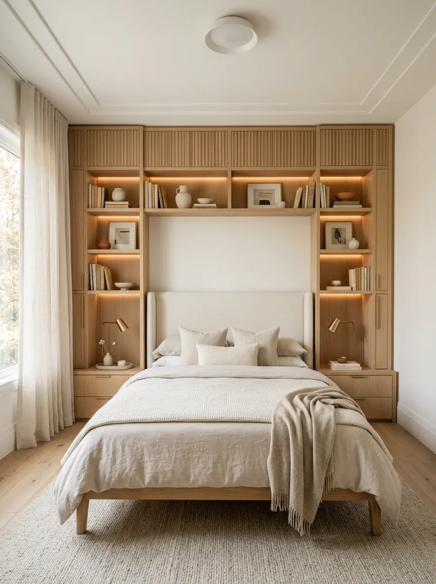 Built-In Oak Shelving Framing the Bed