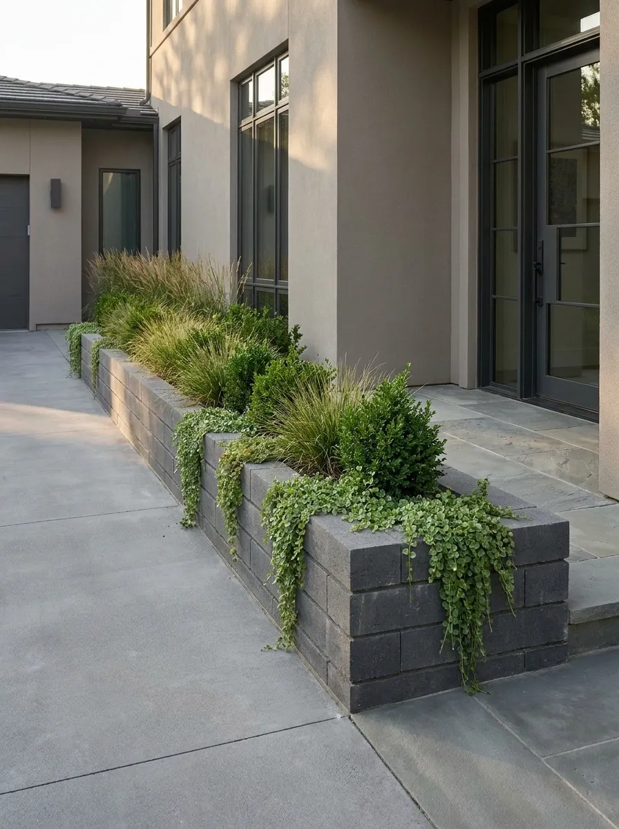 Built-In Planter Wall Along a Contemporary Drive