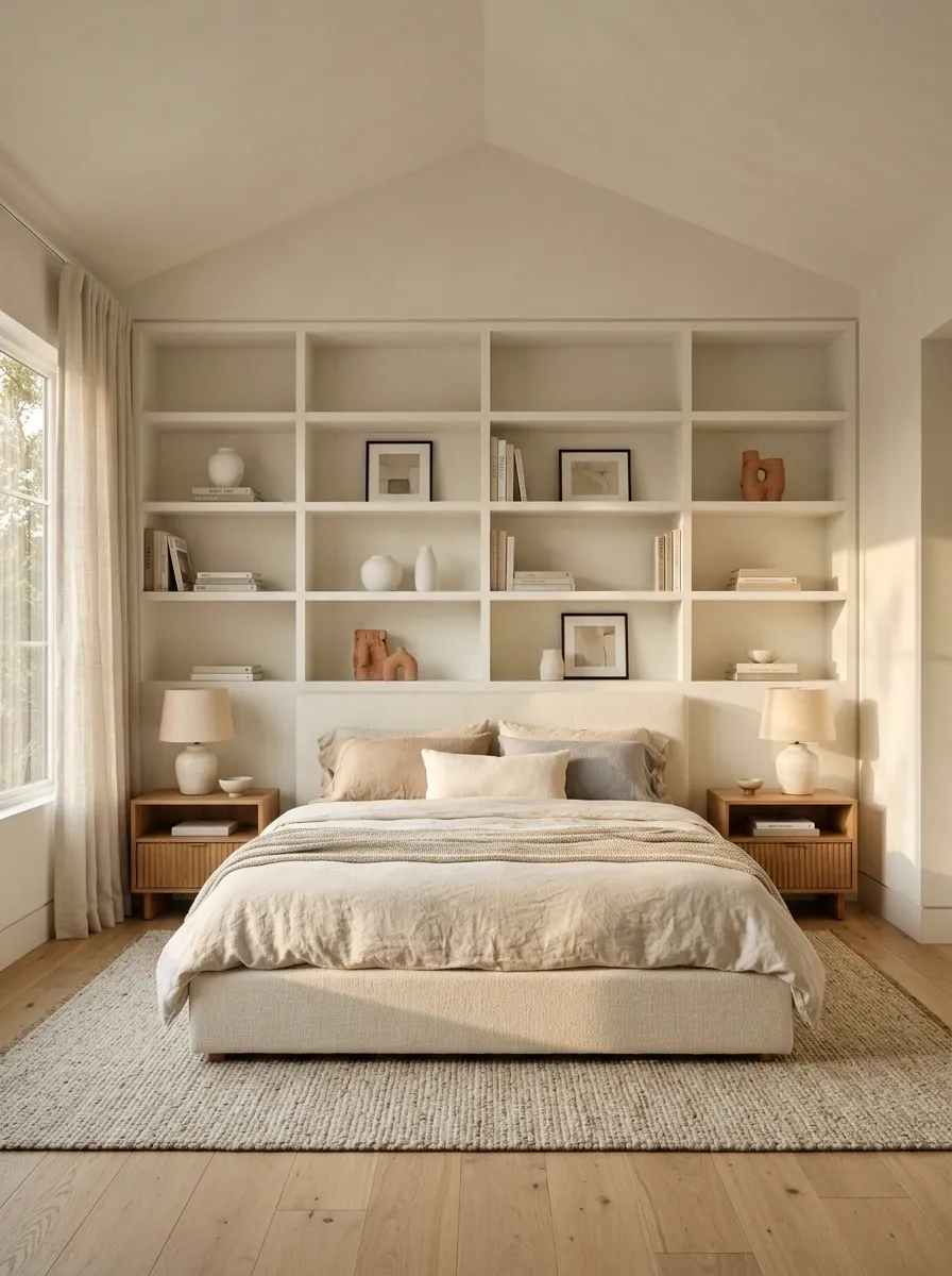 Built-In Shelving Wall With Books, Ceramics, and Framed Art