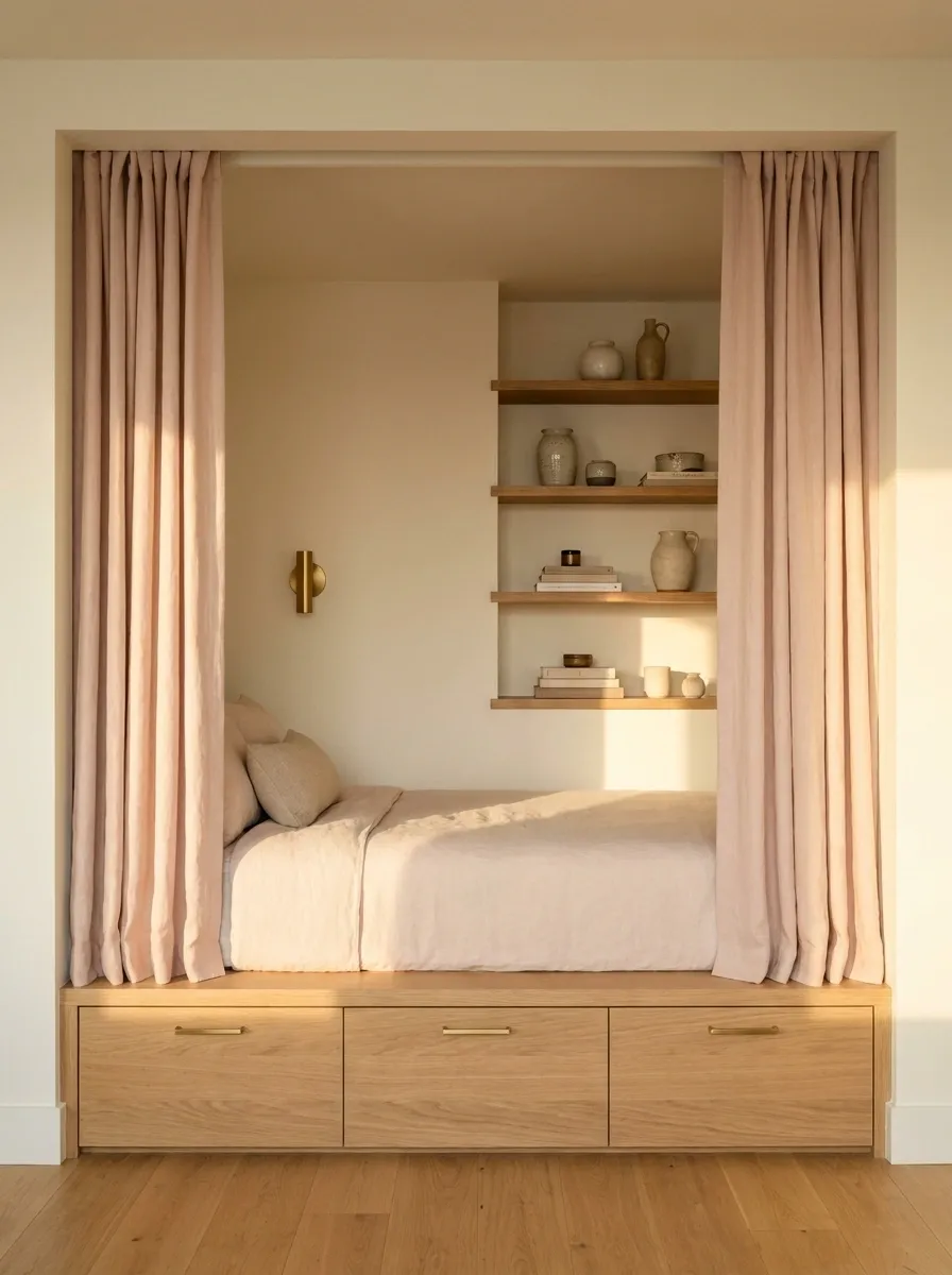 Built-In Sleeping Nook With Soft Curtains and Clever Storage