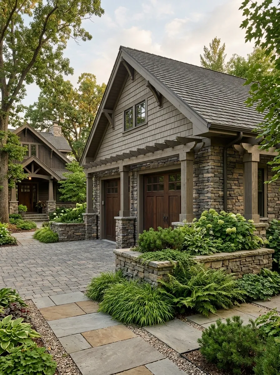Built-In Stone Planters Along a Craftsman-Style Garage