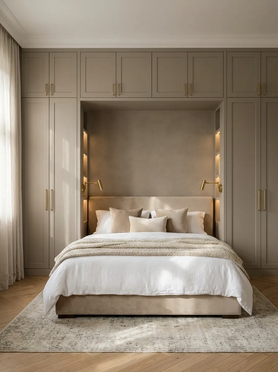 Built-In Wardrobe Wall With a Bed Niche in the Center