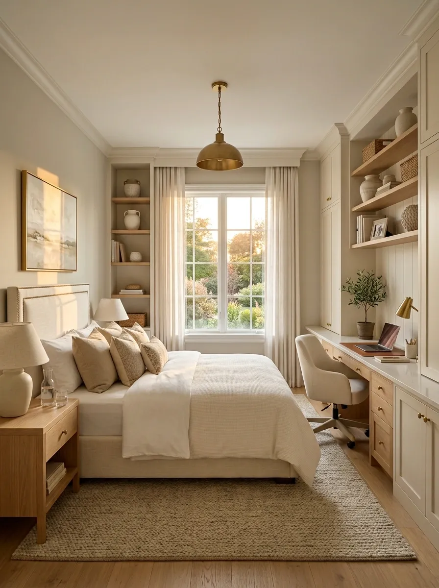 Built-In Window Office With a Centered Upholstered Bed