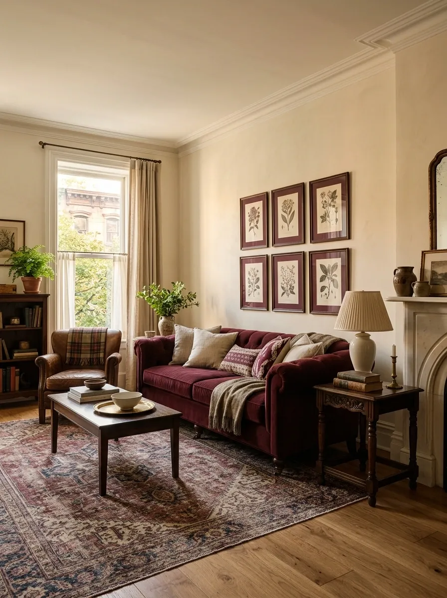 Burgundy and Cream Apartment With Traditional Furniture