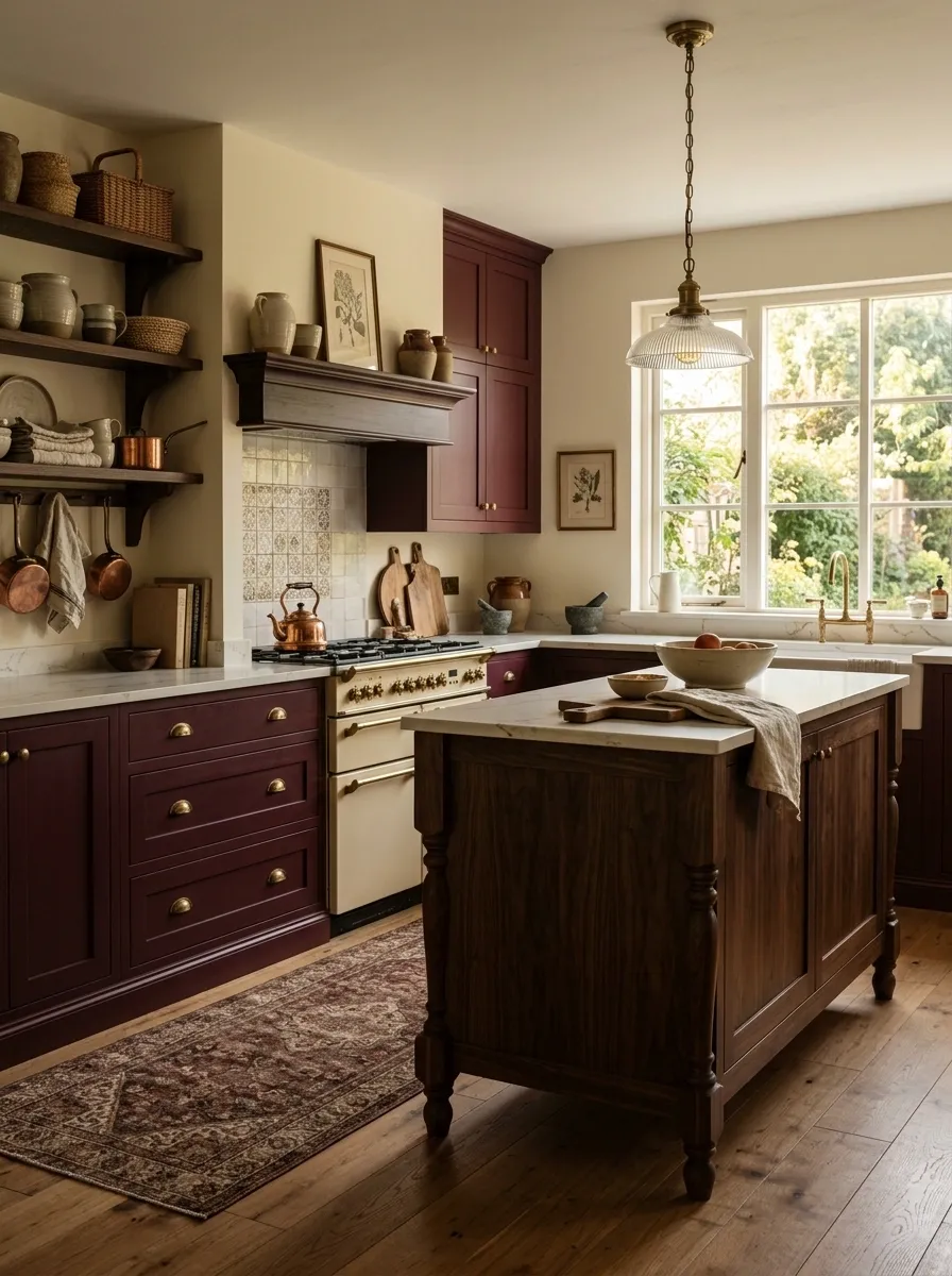Burgundy Cabinets With Cream Walls and Dark Wood