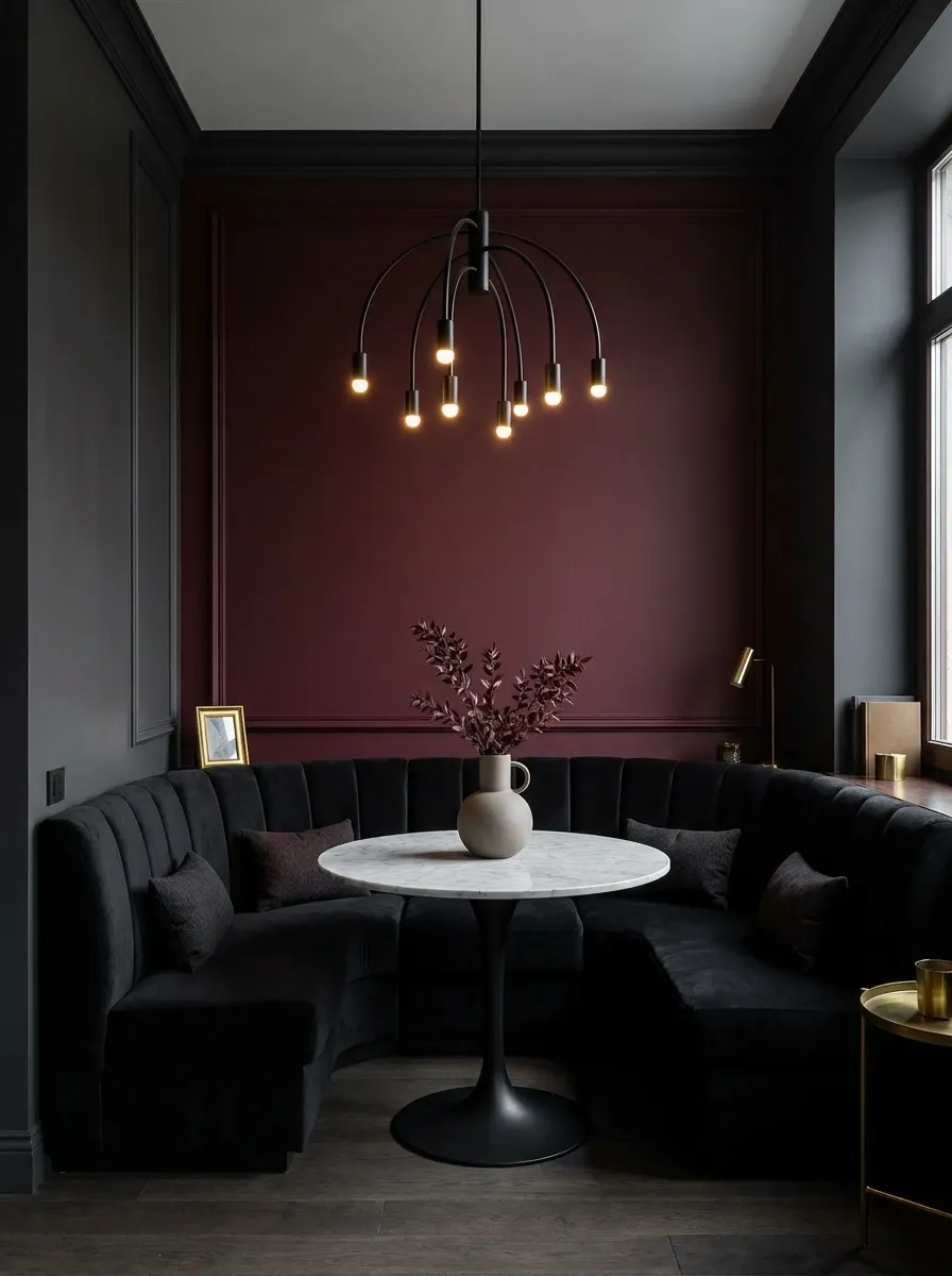 Burgundy Dining Nook With Black Banquette and Marble Table
