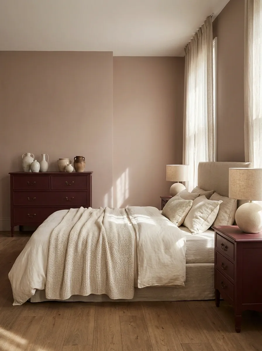Burgundy Furniture With Soft Pink Walls