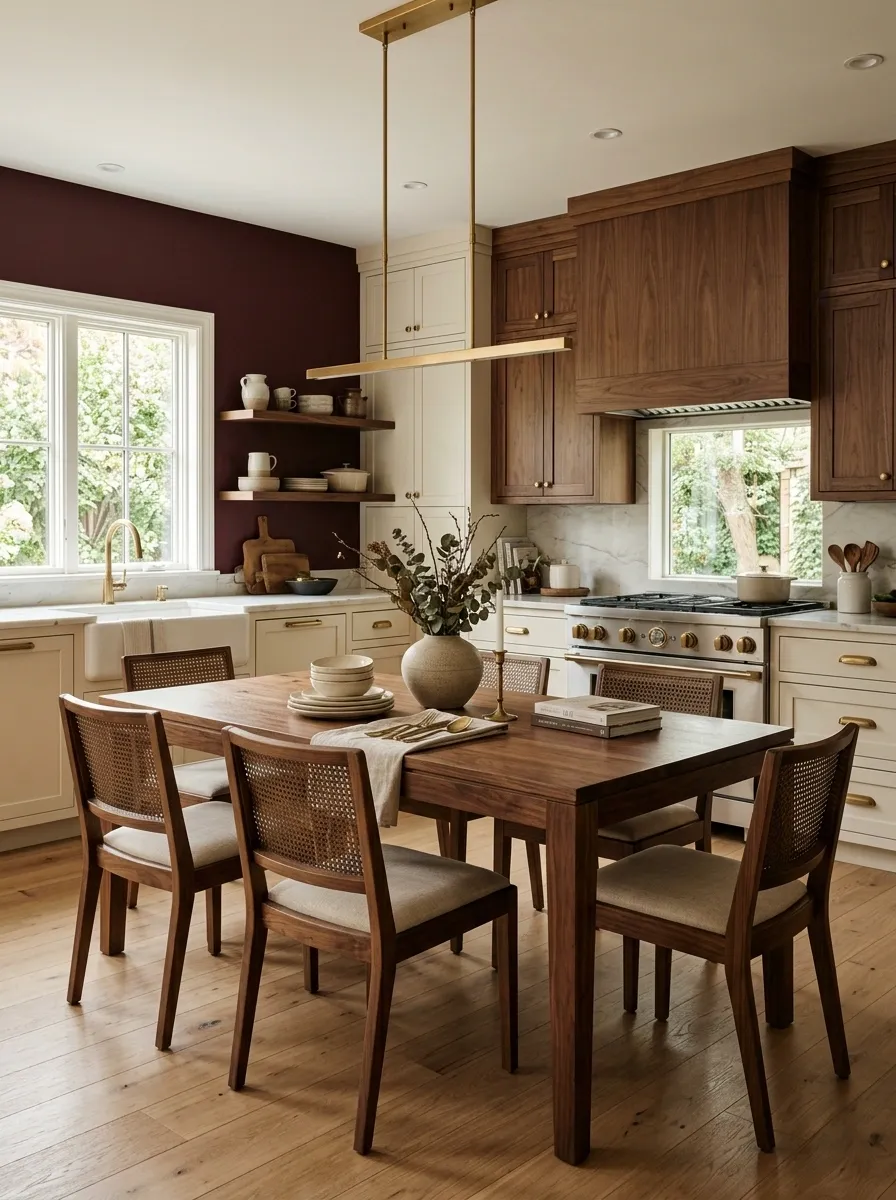 Burgundy Kitchen Accent With Warm Walnut Table