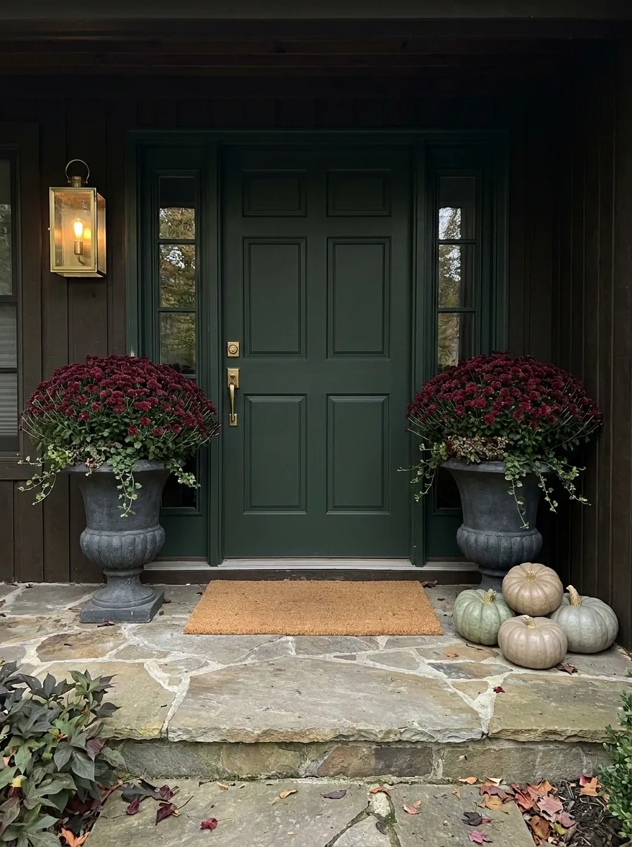 Burgundy Mums Framing a Deep Green Front Door