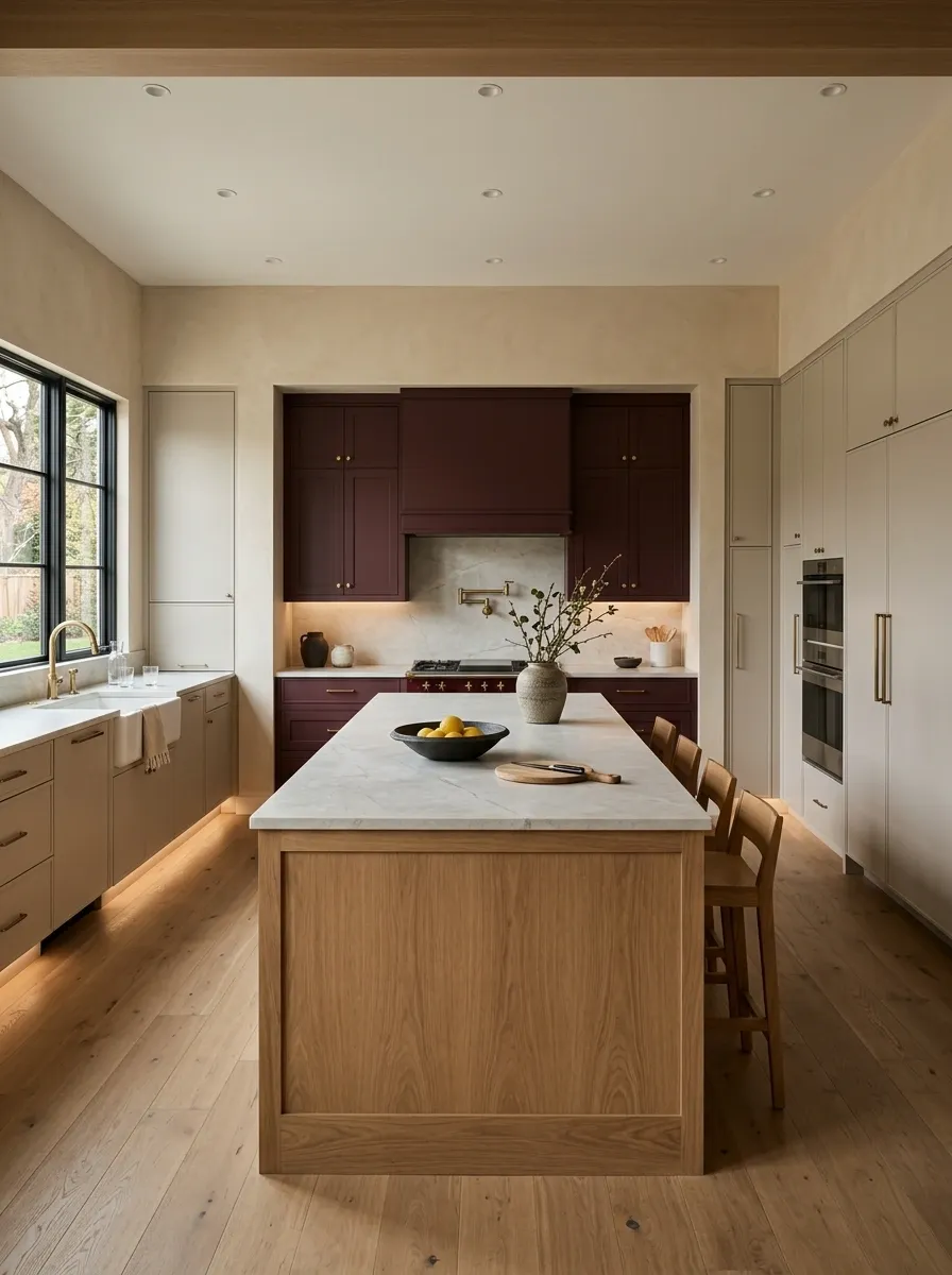 Burgundy, Putty, and Natural Oak Dramatic Kitchen
