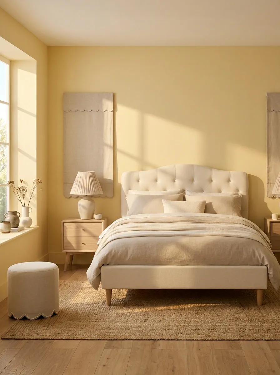 Butter Yellow Bedroom With Scalloped Details and Soft Neutrals