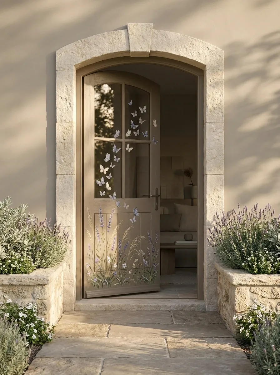 Butterfly Garden Door Surrounded by Soft Neutrals