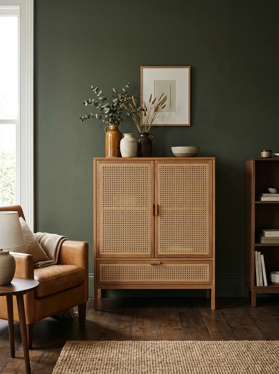 Cane Cabinet Against a Deep Earthy Wall