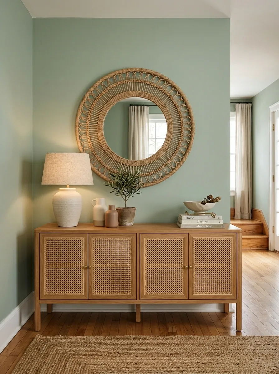 Cane-Front Console With Soft Green Wall and Natural Accessories