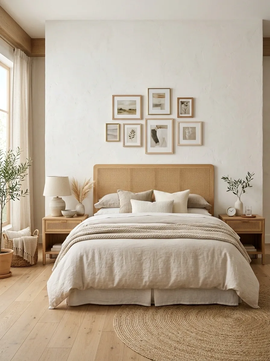 Cane Headboard With a Cluster of Small Framed Artworks