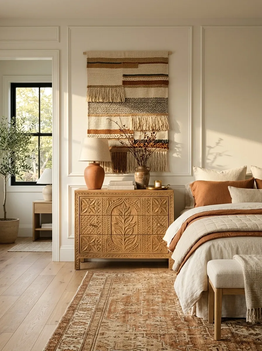 Carved Wood Dresser With a Large Woven Textile Above It