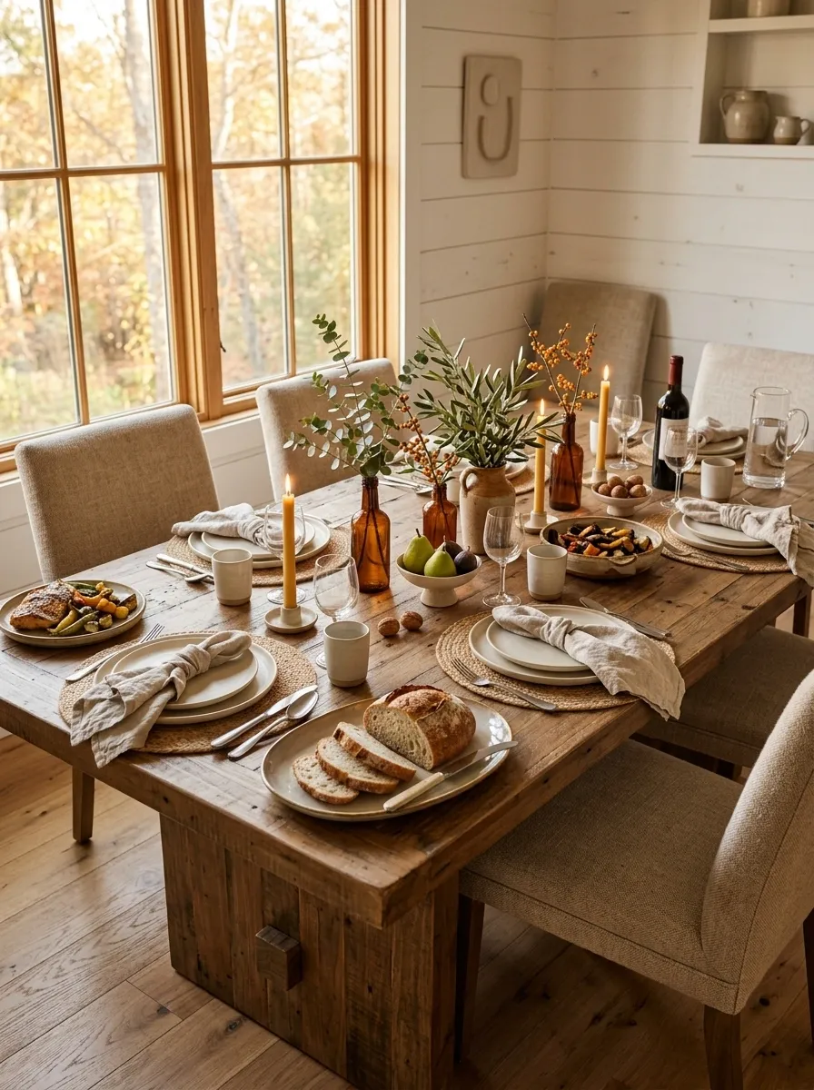 Casual Family Table With Layered Serveware and Simple Greenery