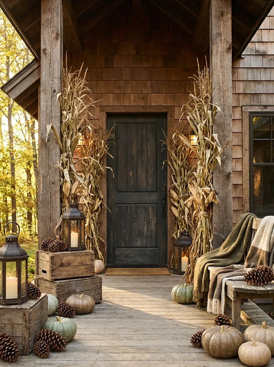 Cedar Cabin Porch With Rustic Corn Stalk Texture