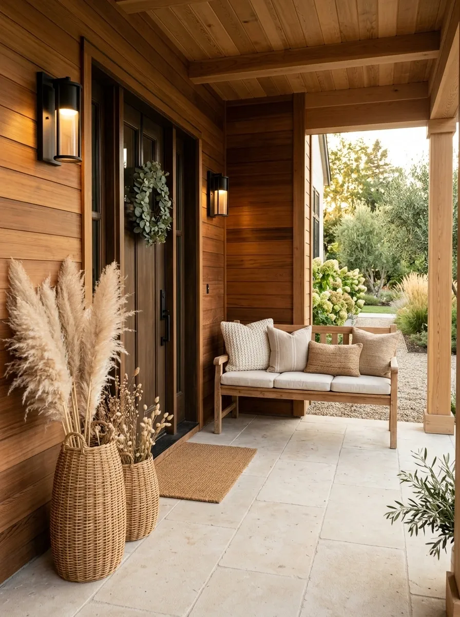 Cedar Porch With Cream Textiles and Dried Grasses