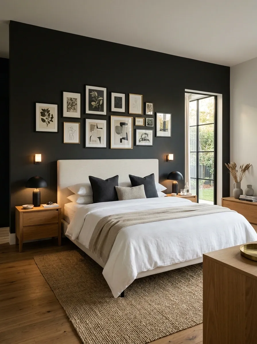 Charcoal Bedroom Wall With Gallery-Style Artwork