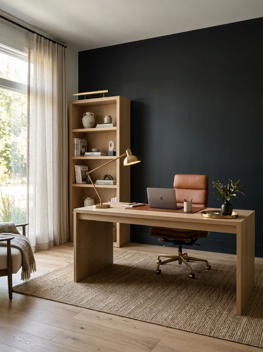 Charcoal-Black Home Office With Cognac Leather and Oak