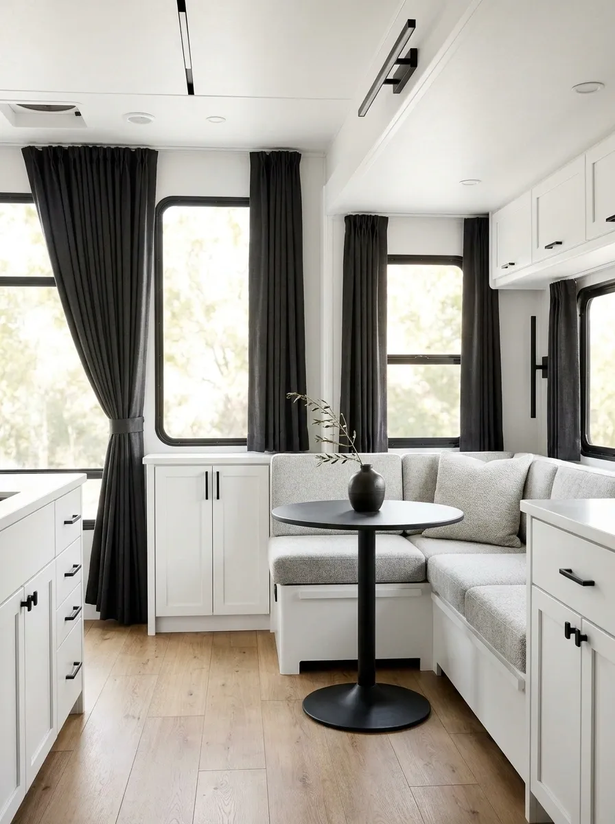 Charcoal Blackout Curtains in a Modern White RV