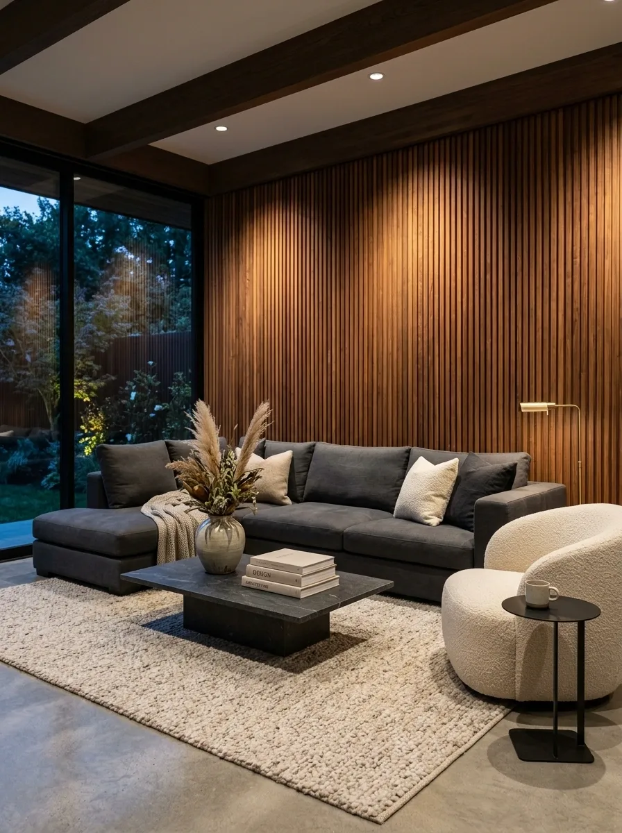 Charcoal Corner Sofa With Warm Timber Walls