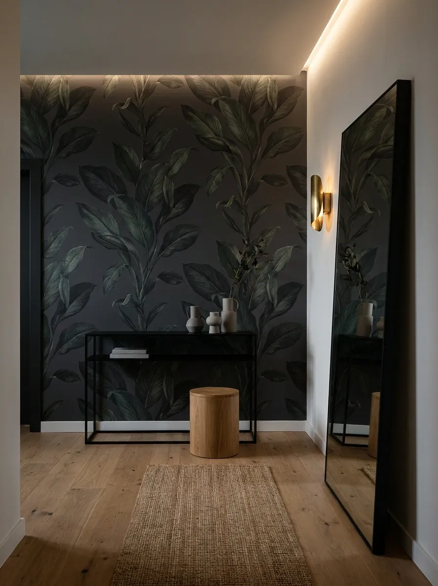 Charcoal Entryway With Large-Scale Leaf Wallpaper