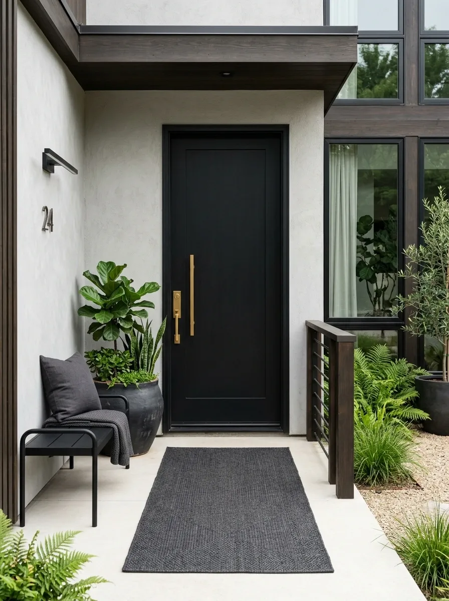 Charcoal Flatweave Rug With a Modern Black Door